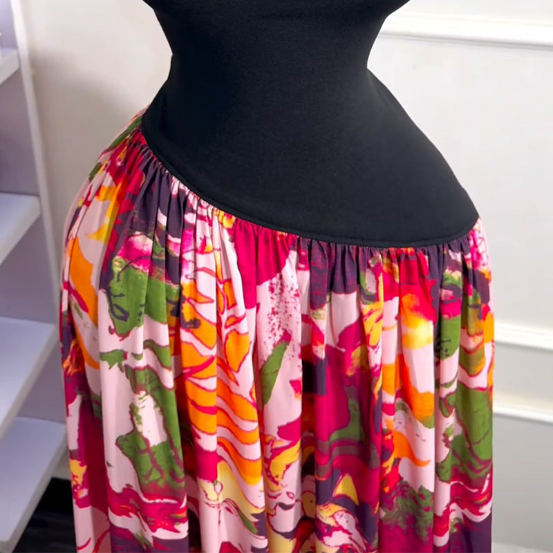 Women's Summer print Round Neck sleeveless high waist A-line long dress 5