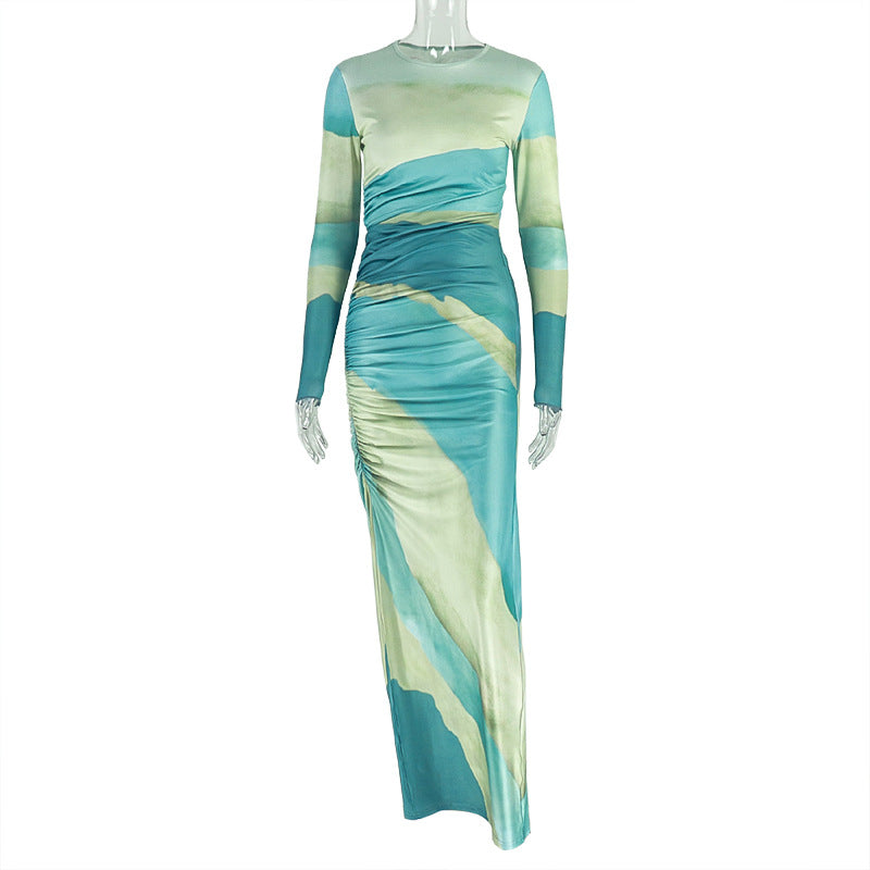 Career Women's Print Pleated Waist Tie Slim Fit Bodycon Round Neck Long-Sleeve Dress 7