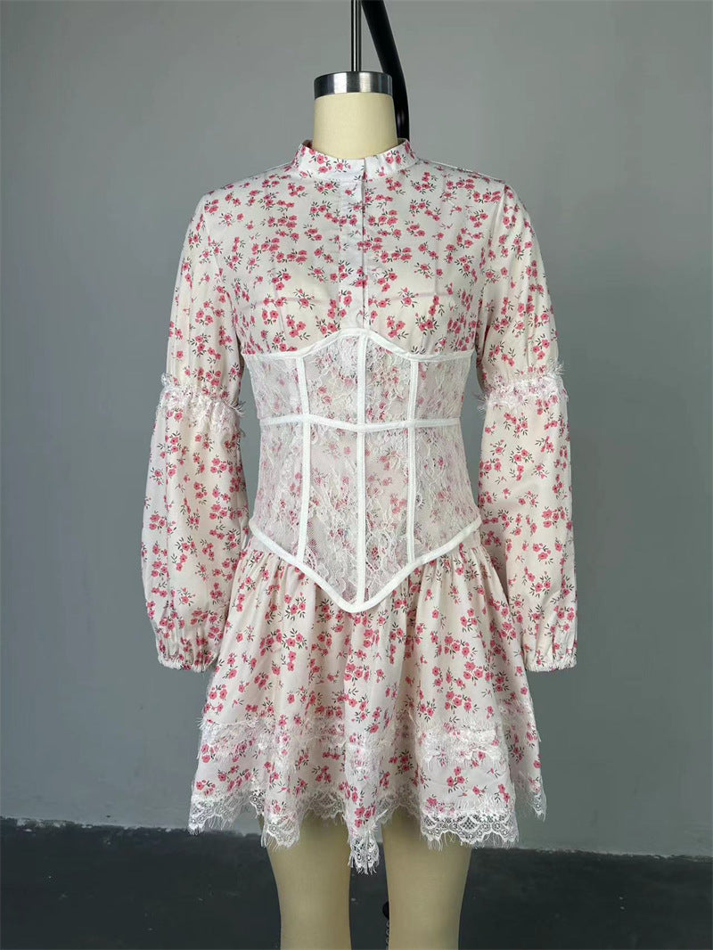 Women Print Long Sleeve Lace Dress 7