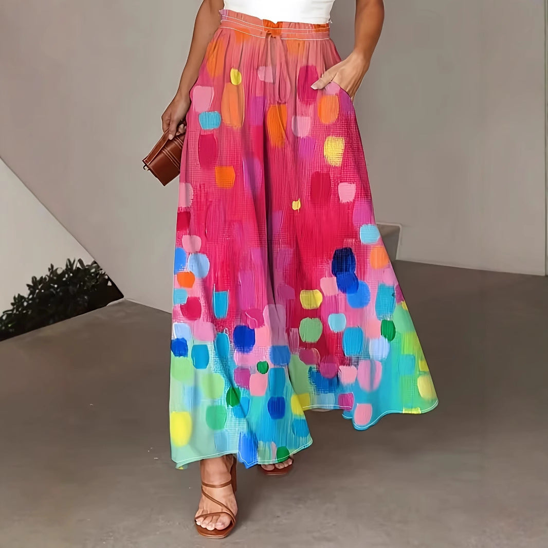 Women's Fashionable Elastic Slim Waist Wide Leg Contrast Color Pants