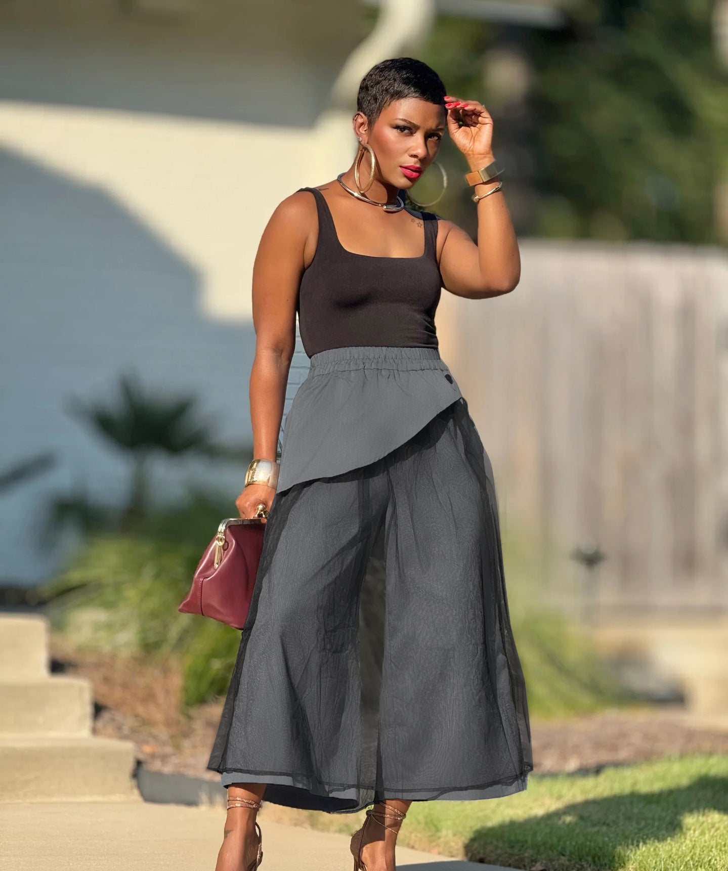 Women's Patchwork Mesh Fashion Wide-Leg False Two-Piece Casual Pants 6