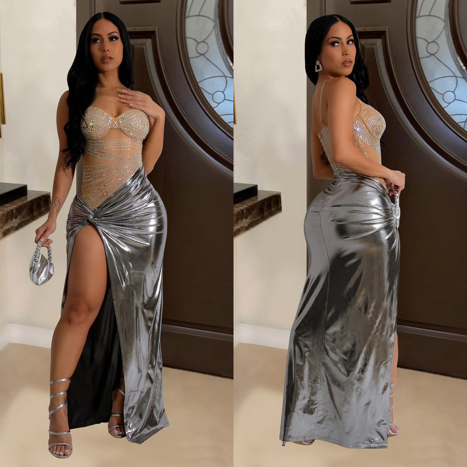 Fashionable women's rhinestone beaded see-through mesh patchwork high slit dress 3