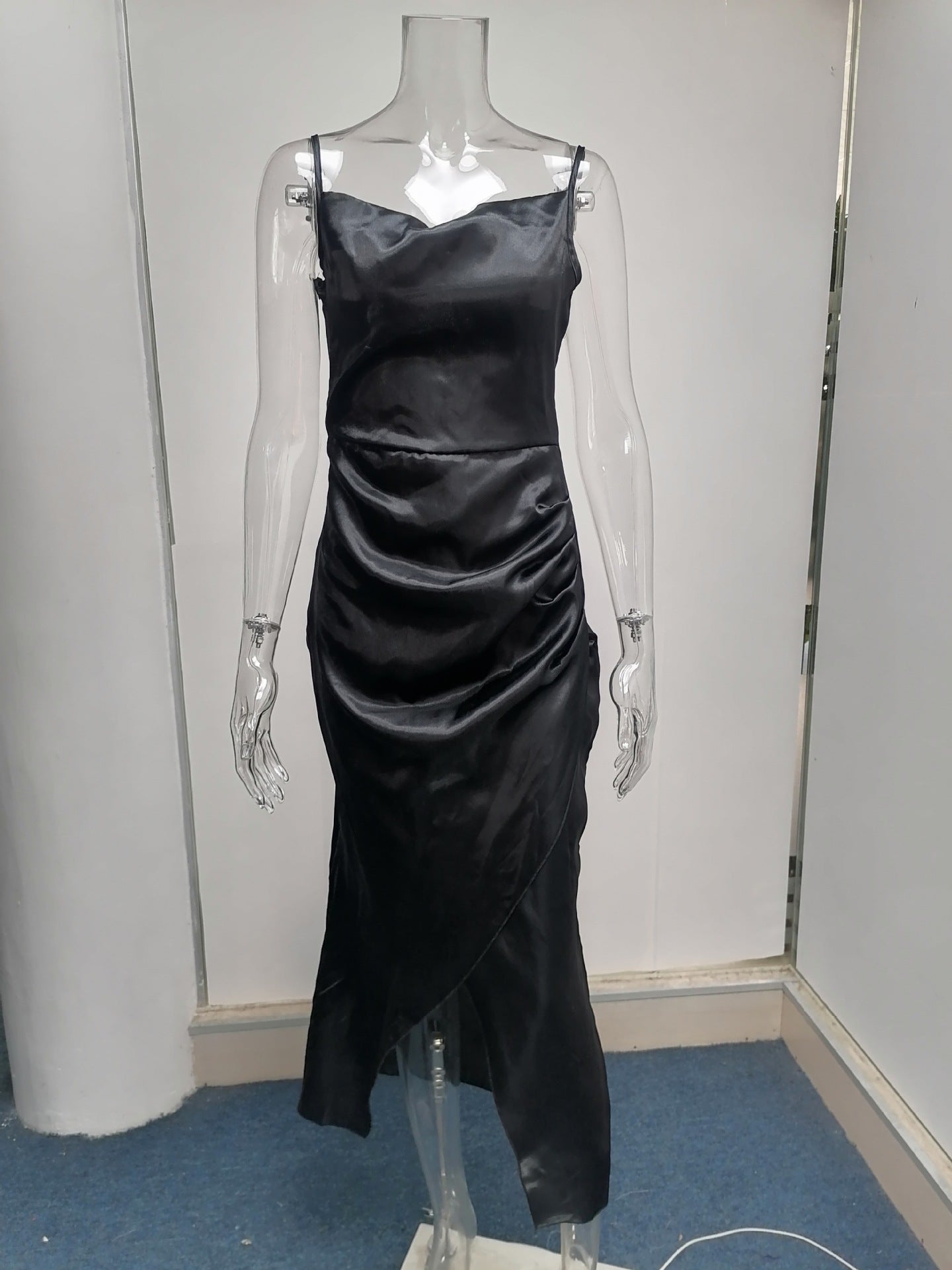 Sexy Low Cut Satin Slit Strap Dress Slim Fit Low Back Maxi Dress 47