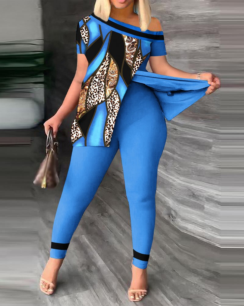 Women Summer Casual Slit Slash Shoulder Print Top and Pant Two-Piece Set 3