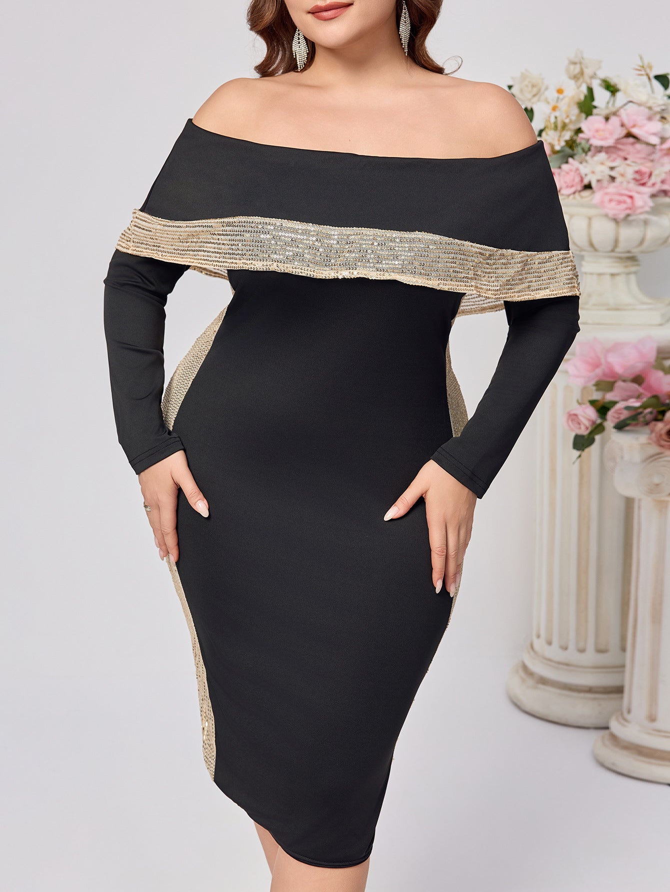 Plus Size Women Off Shoulder Long Sleeve Sequin Sexy Dress 3