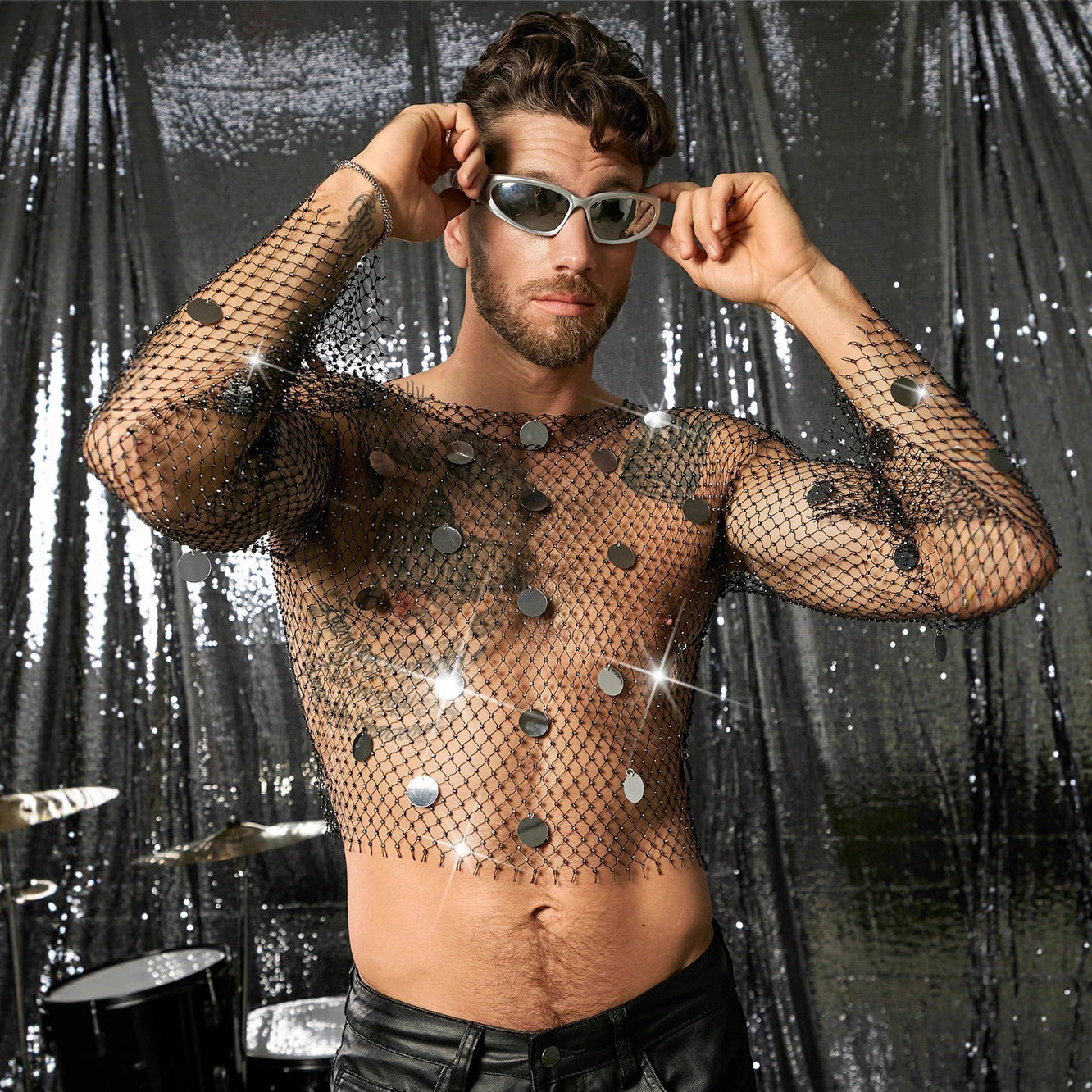 Men Diamond-Encrusted Fishnet Sparkling Rhinestone Mesh Top 7