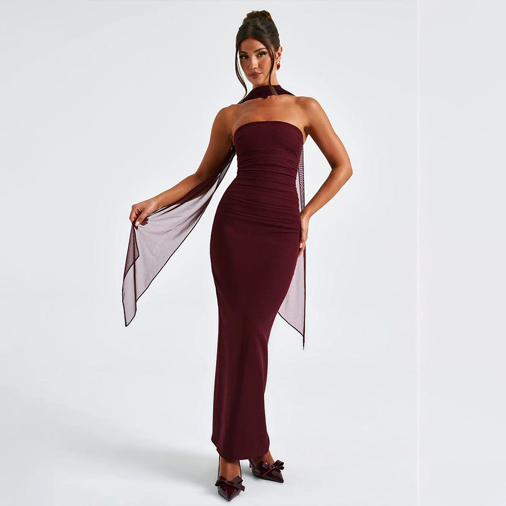 Spring Strapless Slim Waist Elegant Ribbon Low Back Bodycon Long Dress 3