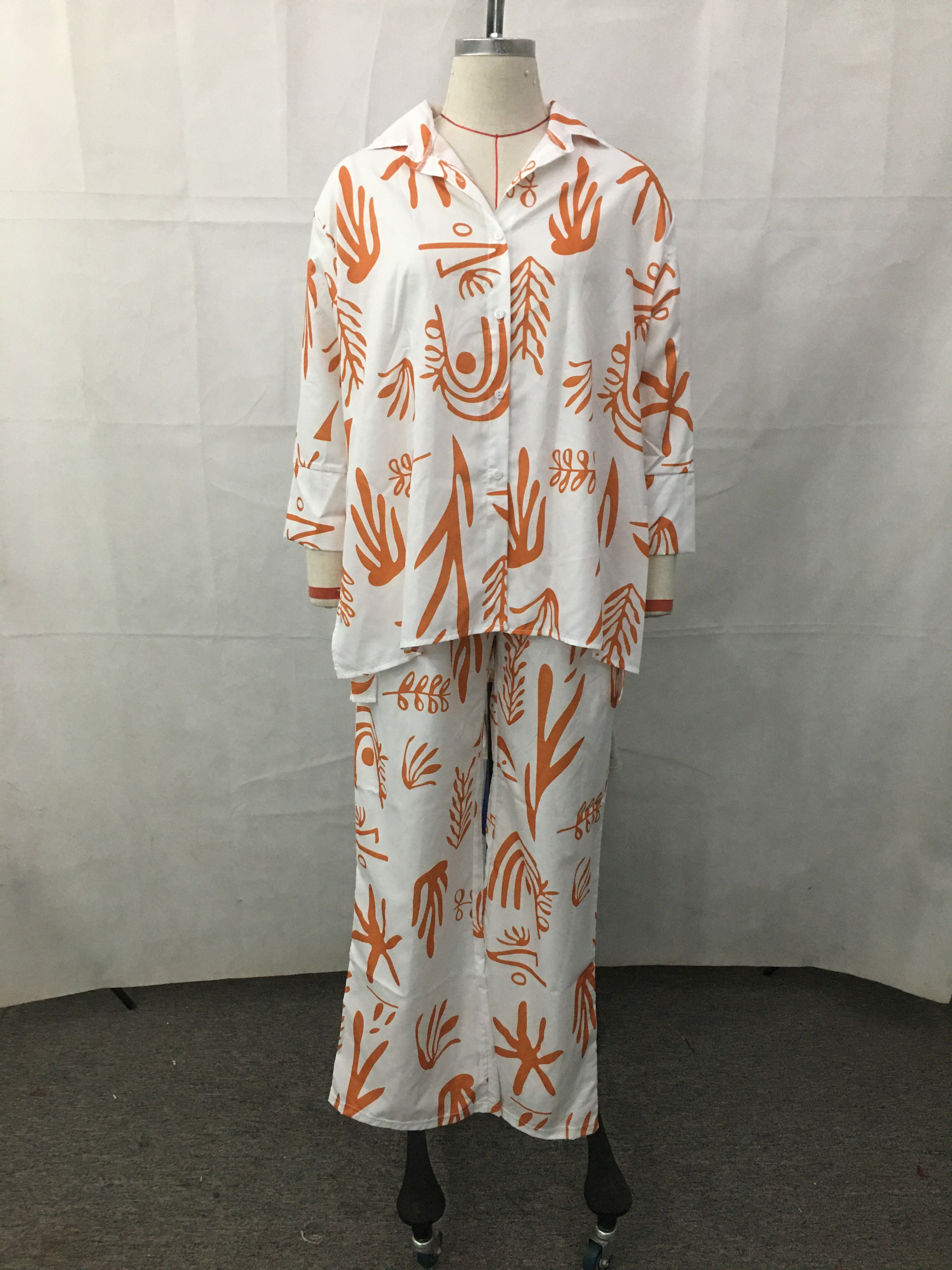 Women Casual Loose Button Shirt And Straight Pants Two-Piece Set 8