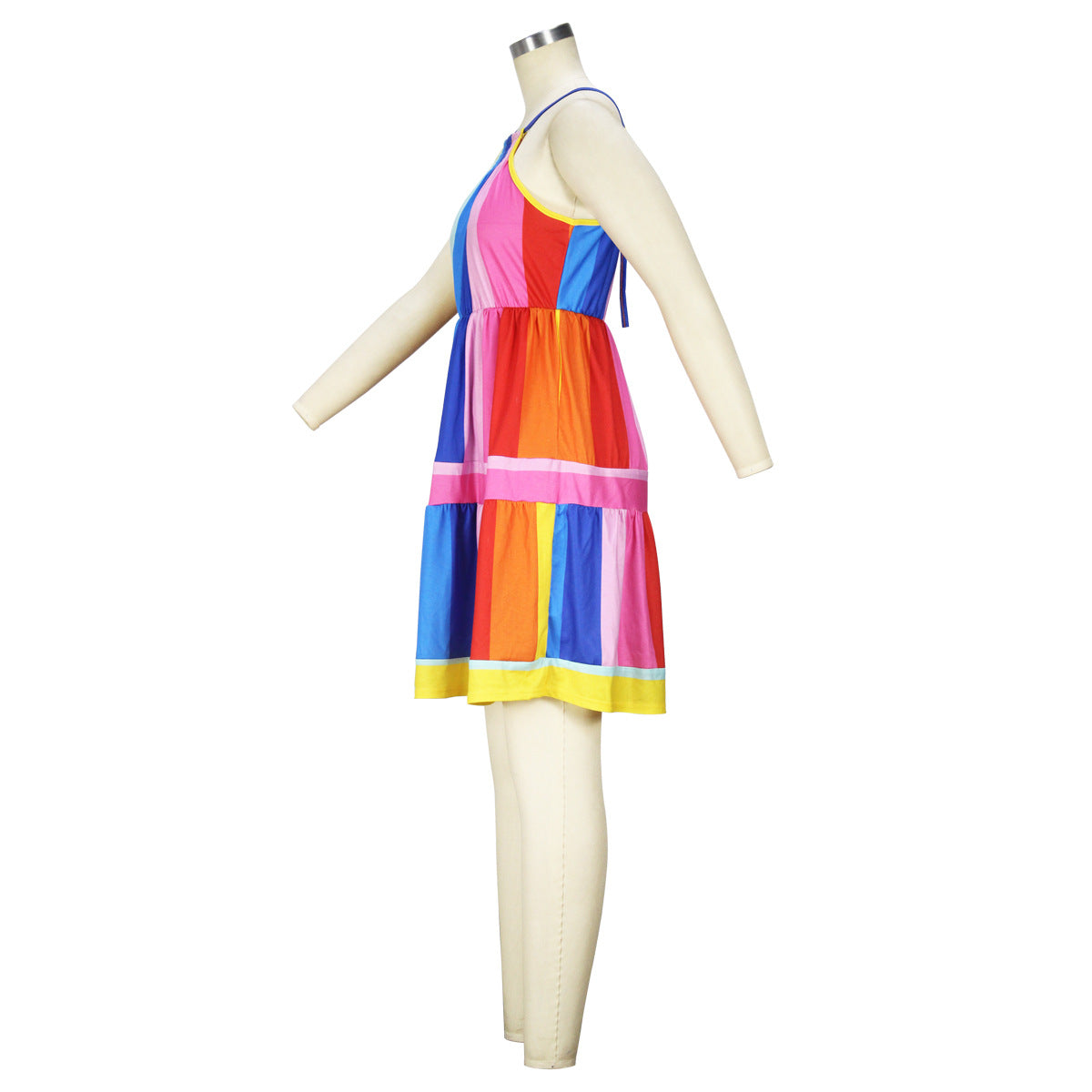 Rainbow Stripe Fashion Straps Casual Dress Color Block Patchwork Sexy Dress For Women 10