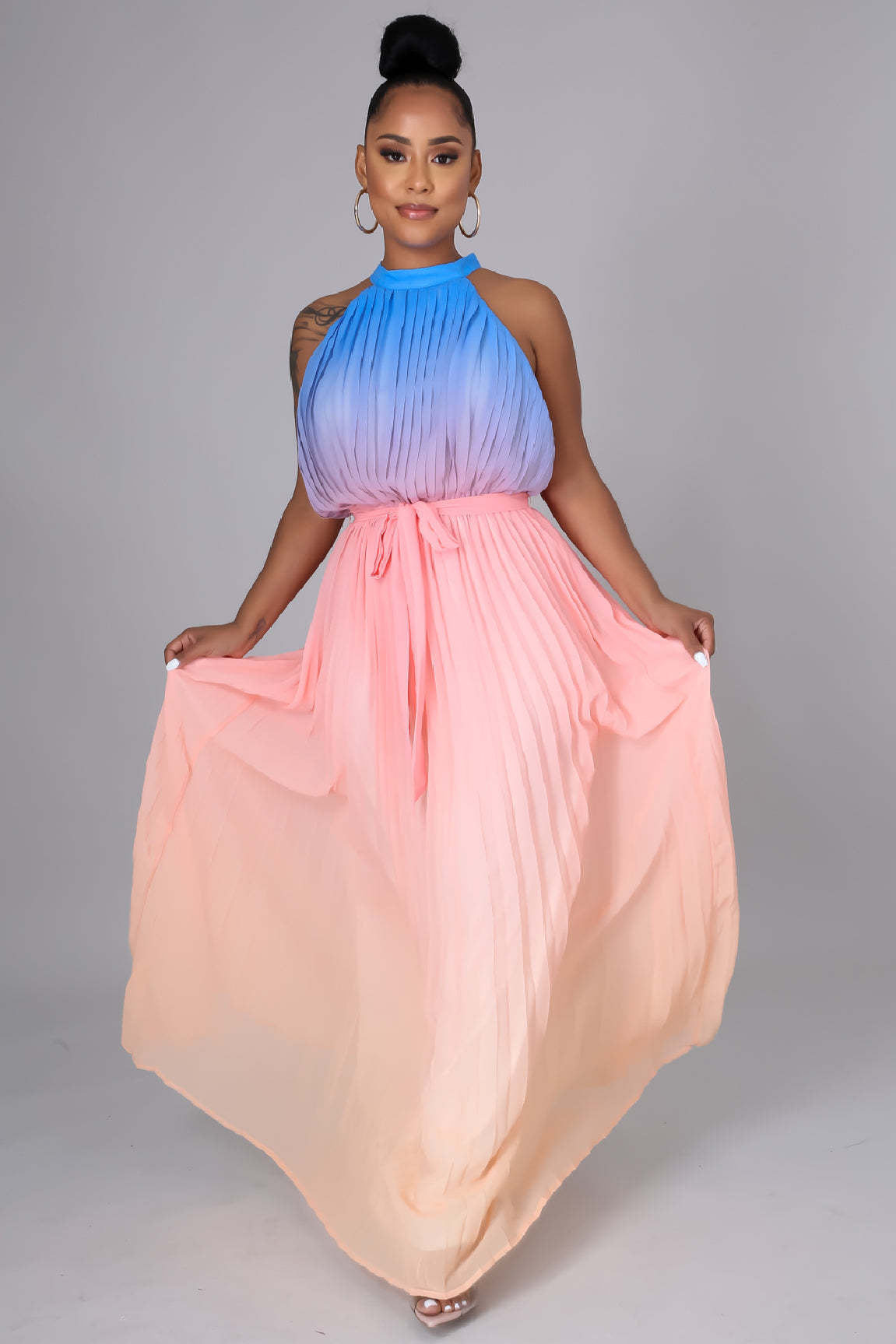 Women's Round Neck Sleeveless Maxi Pleated Tie Dye Pressed Pleated Slim Waist Rainbow Dress 4