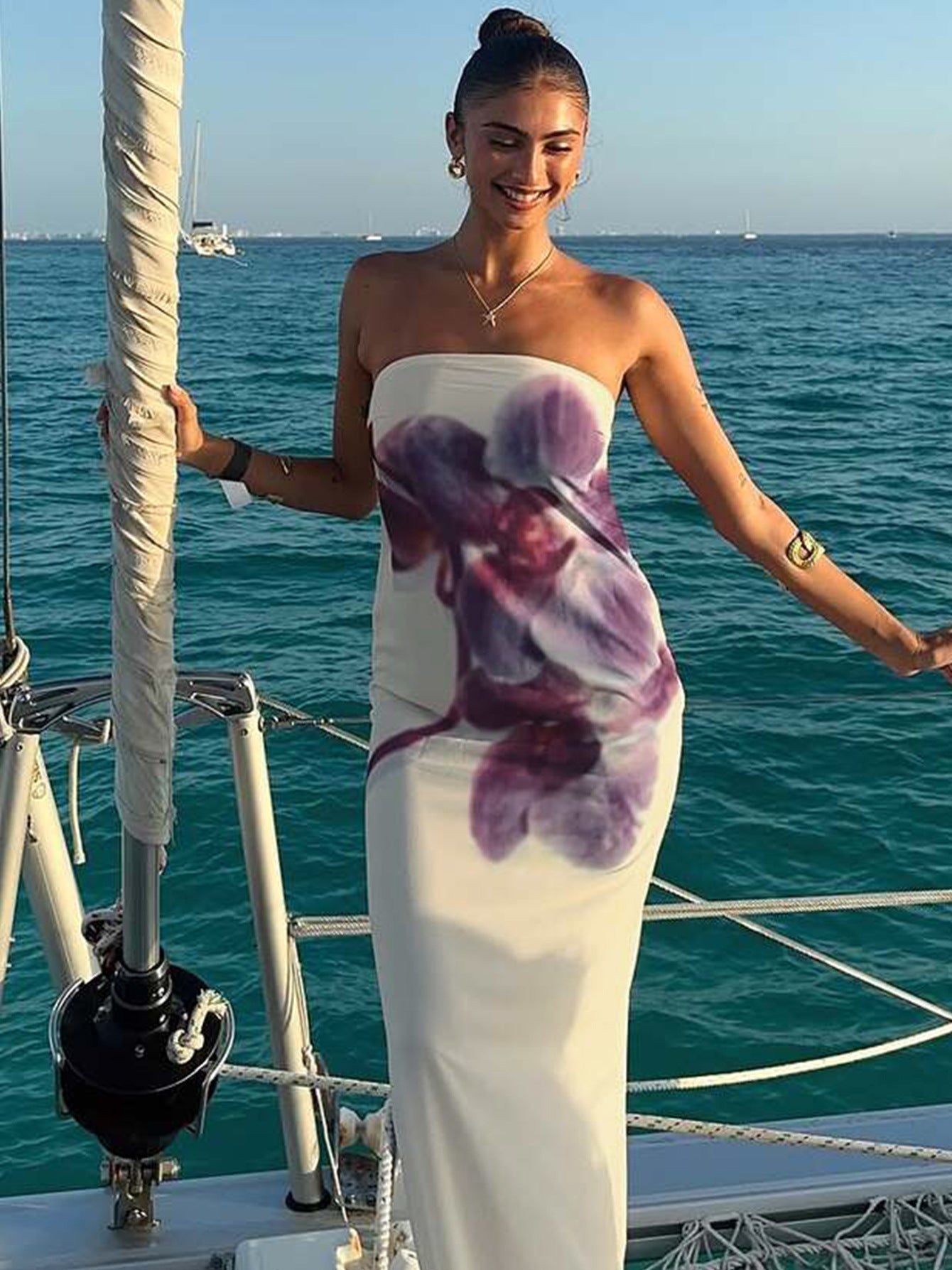 Women summer off-shoulder printed mesh two-layer sexy strapless dress 4