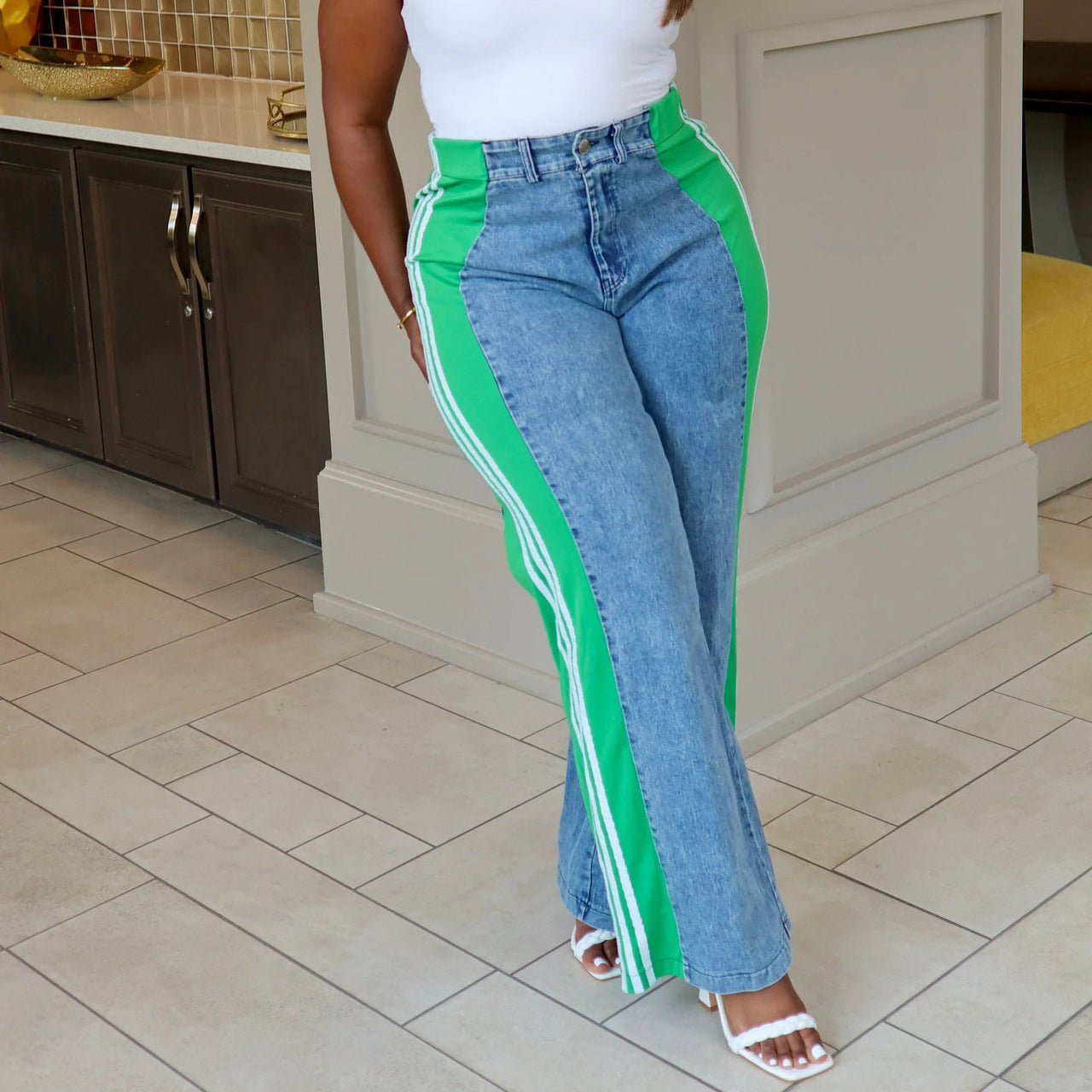 Summer fashion patchwork striped wide leg casual straight pants denim trousers 9