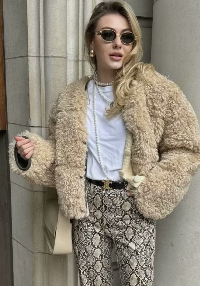 Women retro reversible lamb wool warm jacket