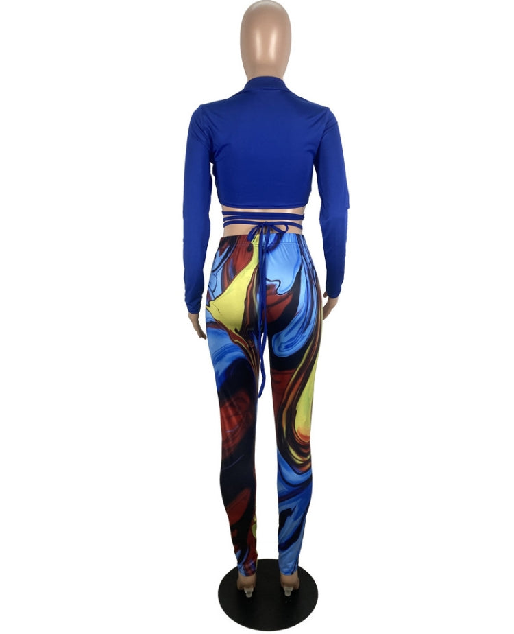 Fall Sexy Blue Turndown Collar Wrap Tied Long Sleeve Crop Top and Printed Tight Pants Set 7