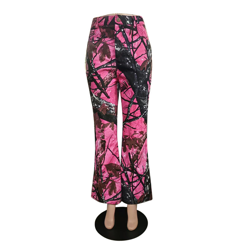 Women Pink Camouflage Street Bell Bottom Pants 6