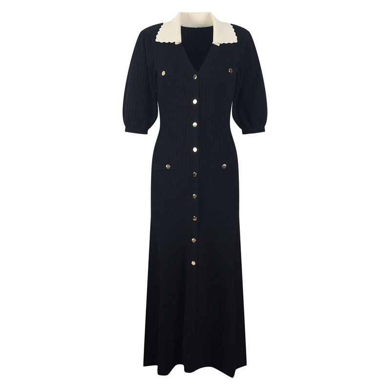 Fashion V-Neck Puff Sleeve Slit Long Sweater Dress Single-Breasted Chic Slim Waist Knitting Dress 5