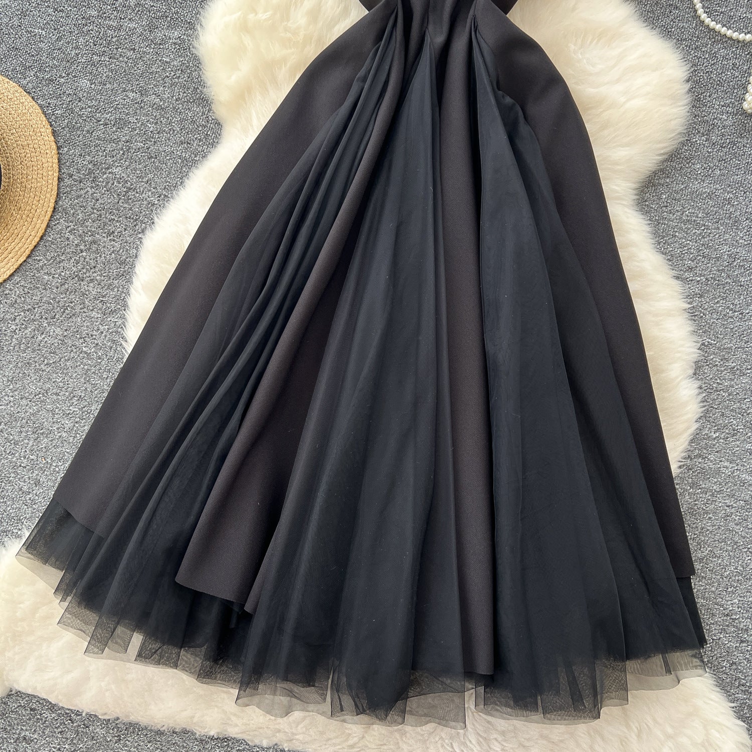 Women's Summer Square Neck Strap Mesh Patchwork Puffy Long Dress 20