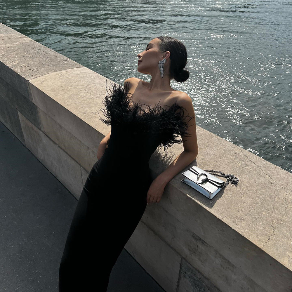 Strapless Bandage Dress Feather Stylish and Elegant Tight Fitting Bodycon Sleeveless Formal Party Dress 9