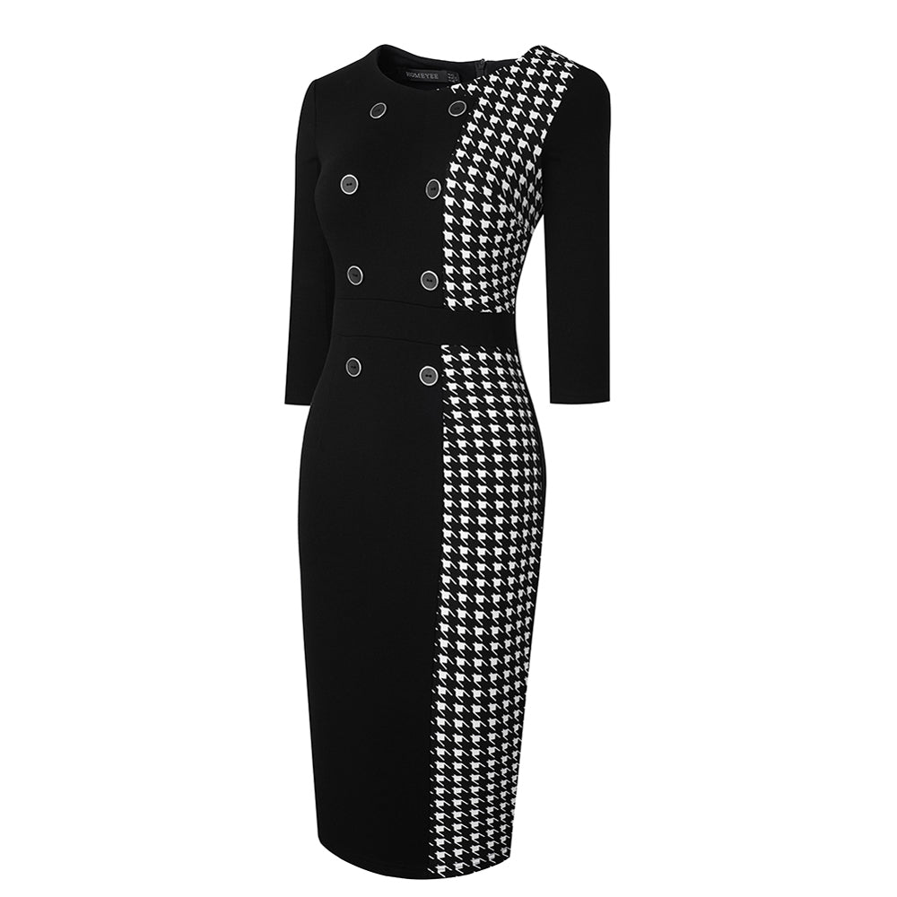 Women Button Houndstooth Patchwork Bodycon Dress 5