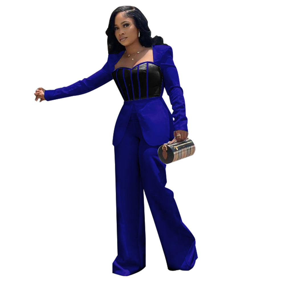 Women's Sexy Slim Waist Contrast Patchwork Long Sleeve Wide Leg Jumpsuit 12
