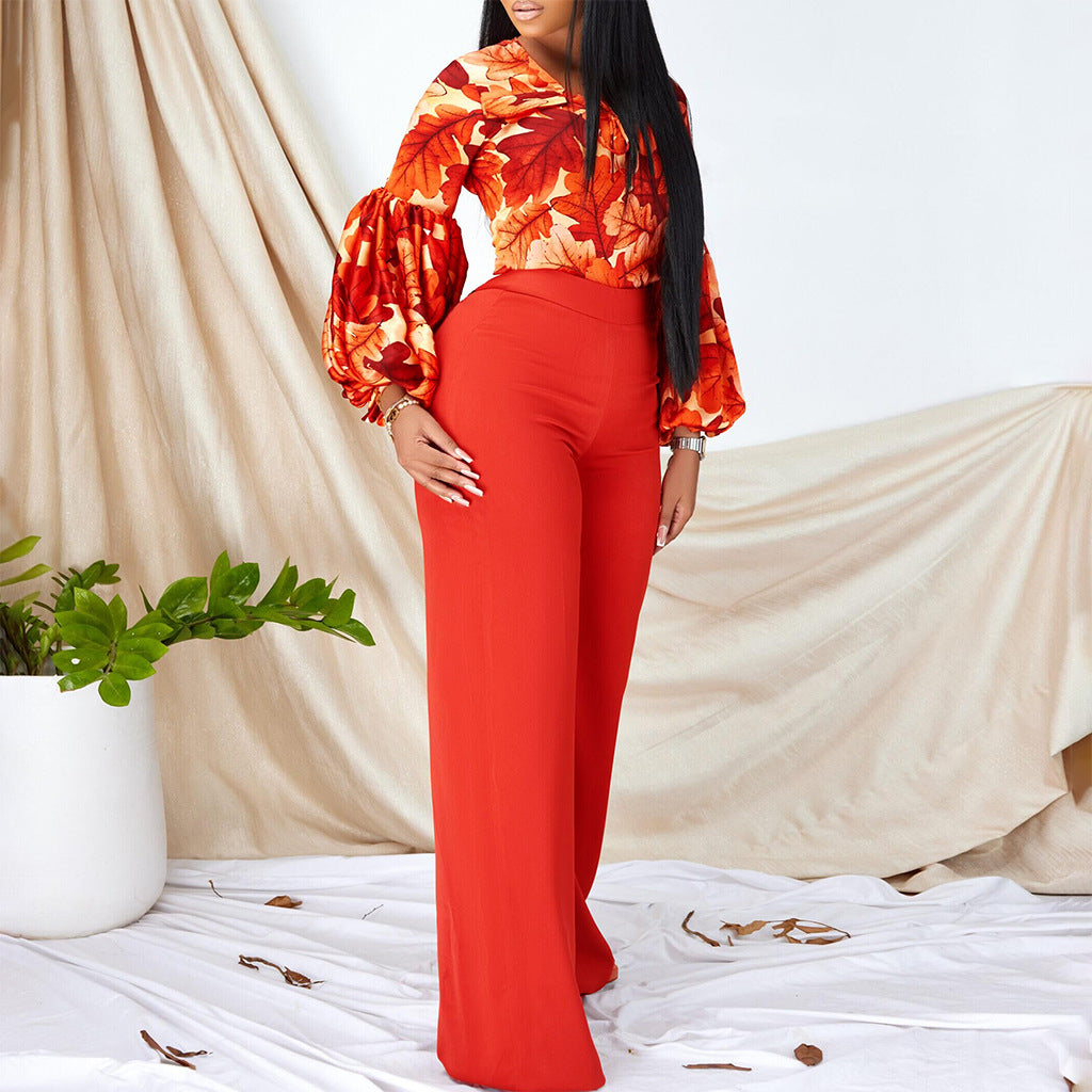 Plus Size Women's Fashion Print Lace-Up Top Wide Leg Pants Two-Piece Set