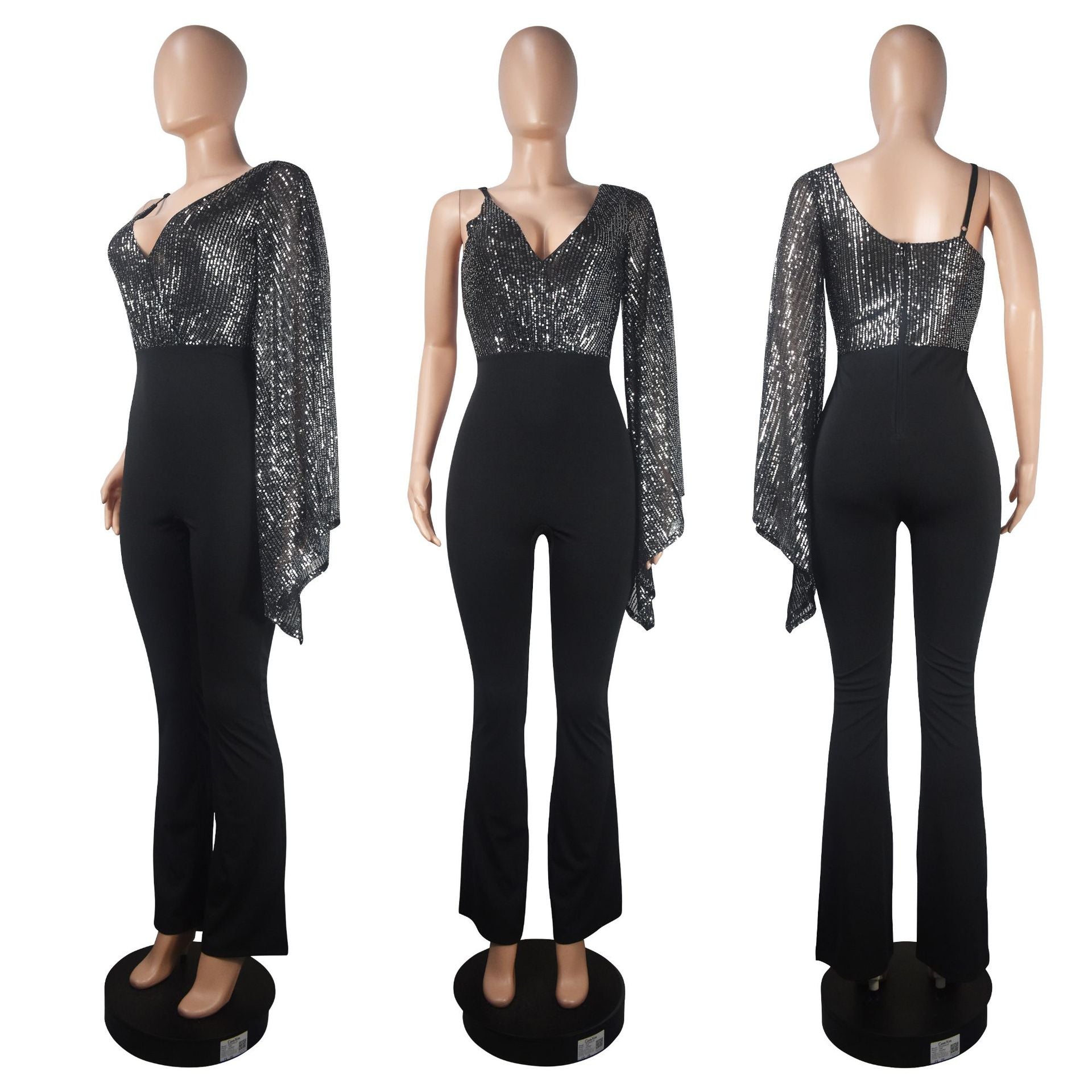 Trousers Sequined V-neck Strapless One Shoulder Cape Sexy Nightclub Jumpsuit 13