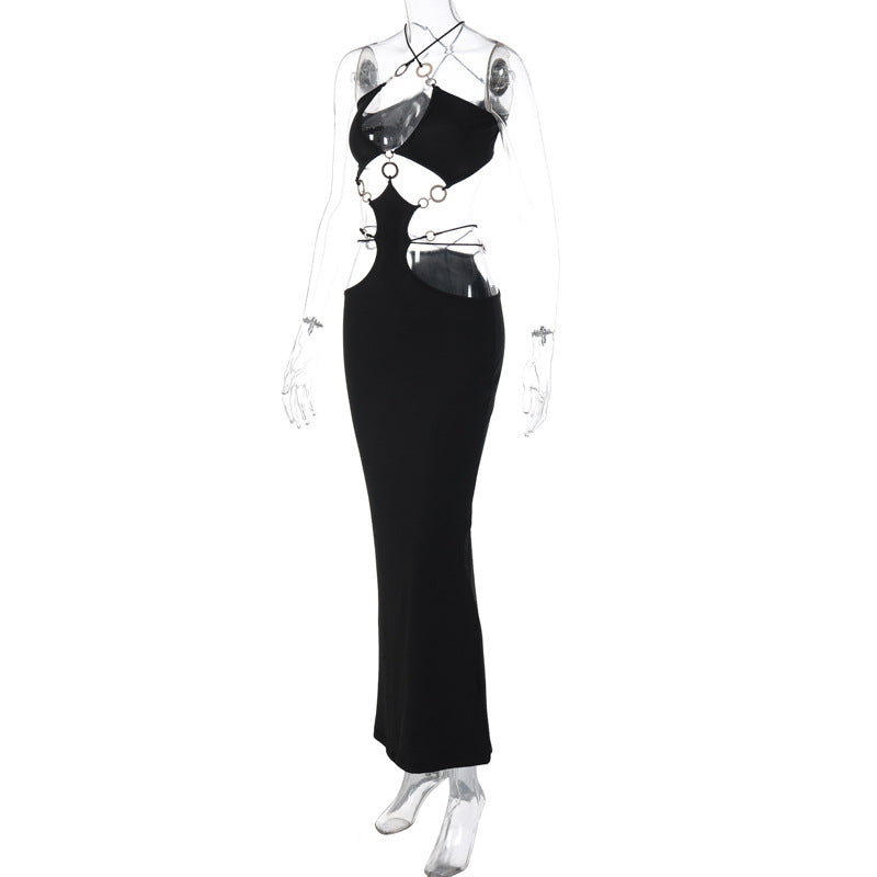 Women's Summer Sexy Low Cut Hoop Patchwork Halter Neck Low Back Slit Dress 10