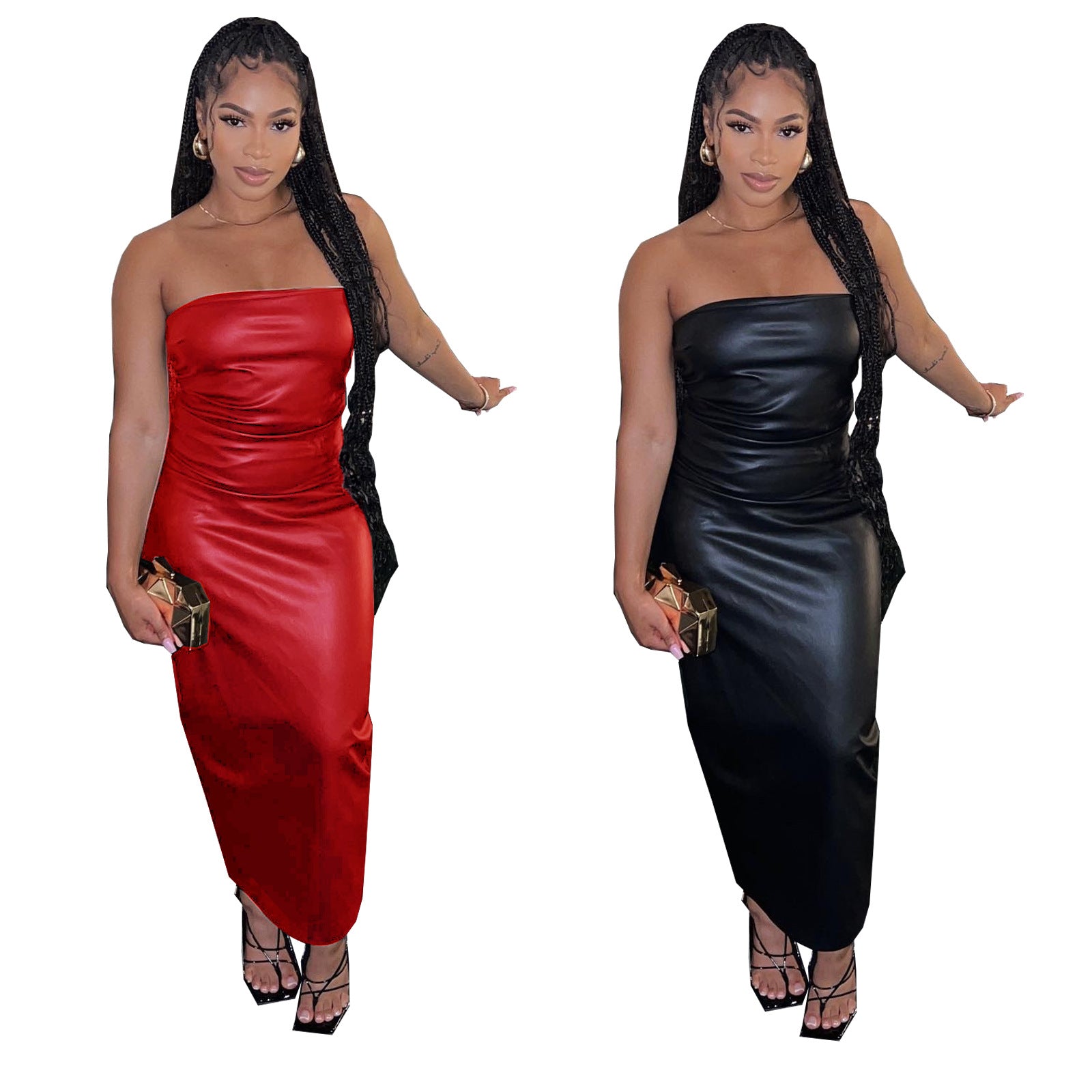 Women's Clothing Pu Leather Strapless Slit Long Dress 7