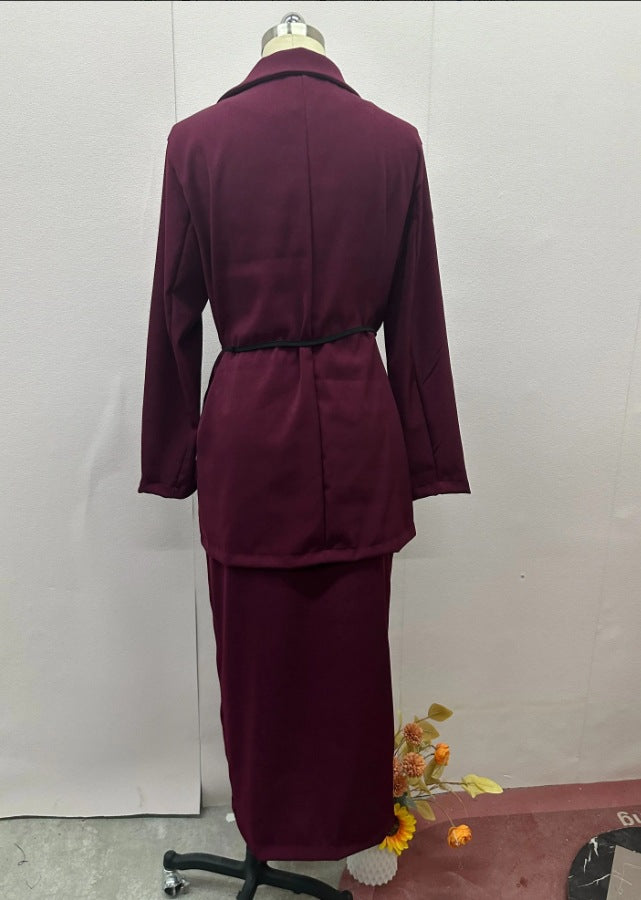 Women Fall Solid Lace-Up Blazer and Skirt Two-Piece Set 8