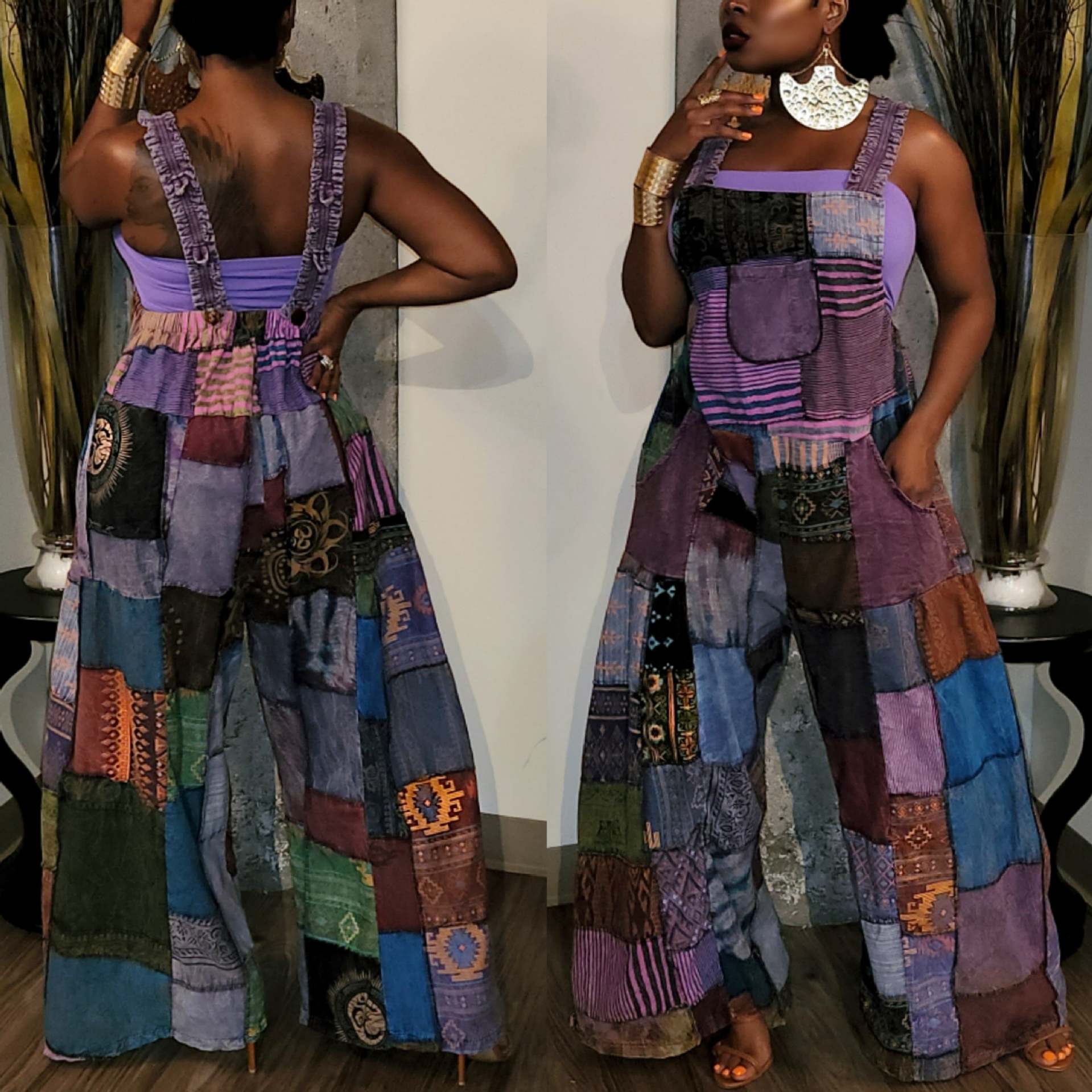 Women'S Printed Boho Bib Pants Strap Wide Leg Jumpsuit 11