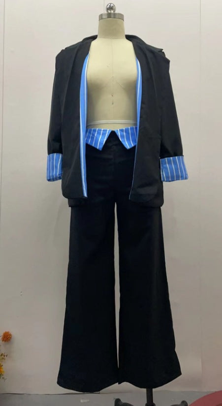 Autumn Fashion Turndown Collar Striped Coat Pants Chic Suit 6