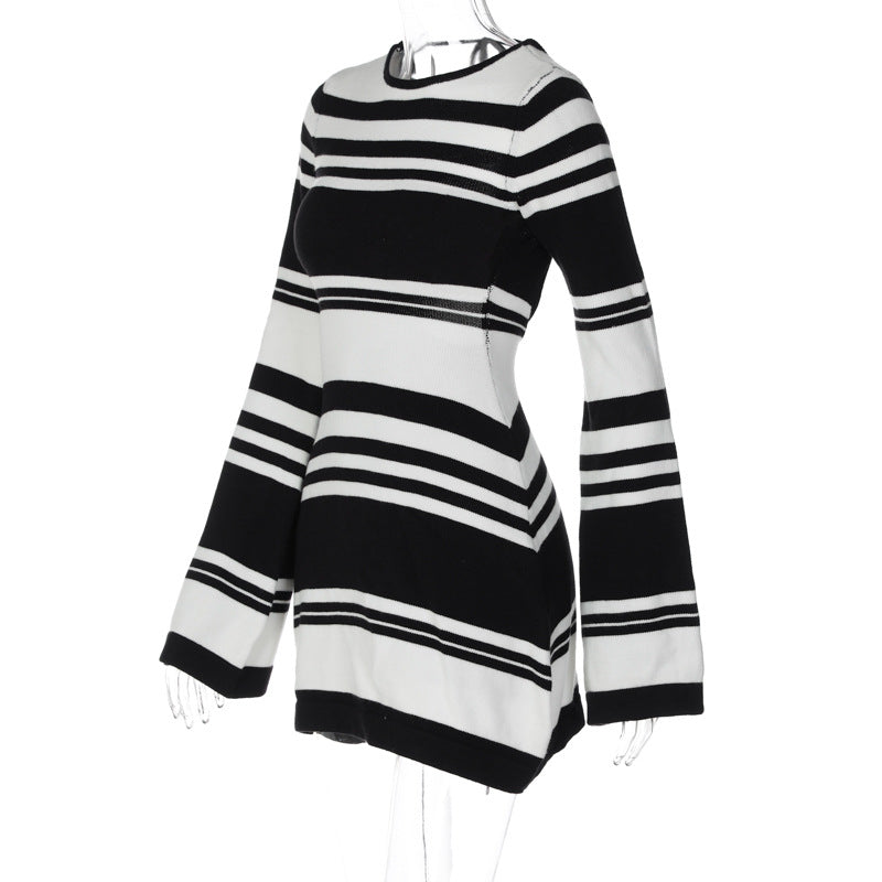 Women Knitting Stripe Bell Bottom Sleeve Tie Backless Sweater Dress 10