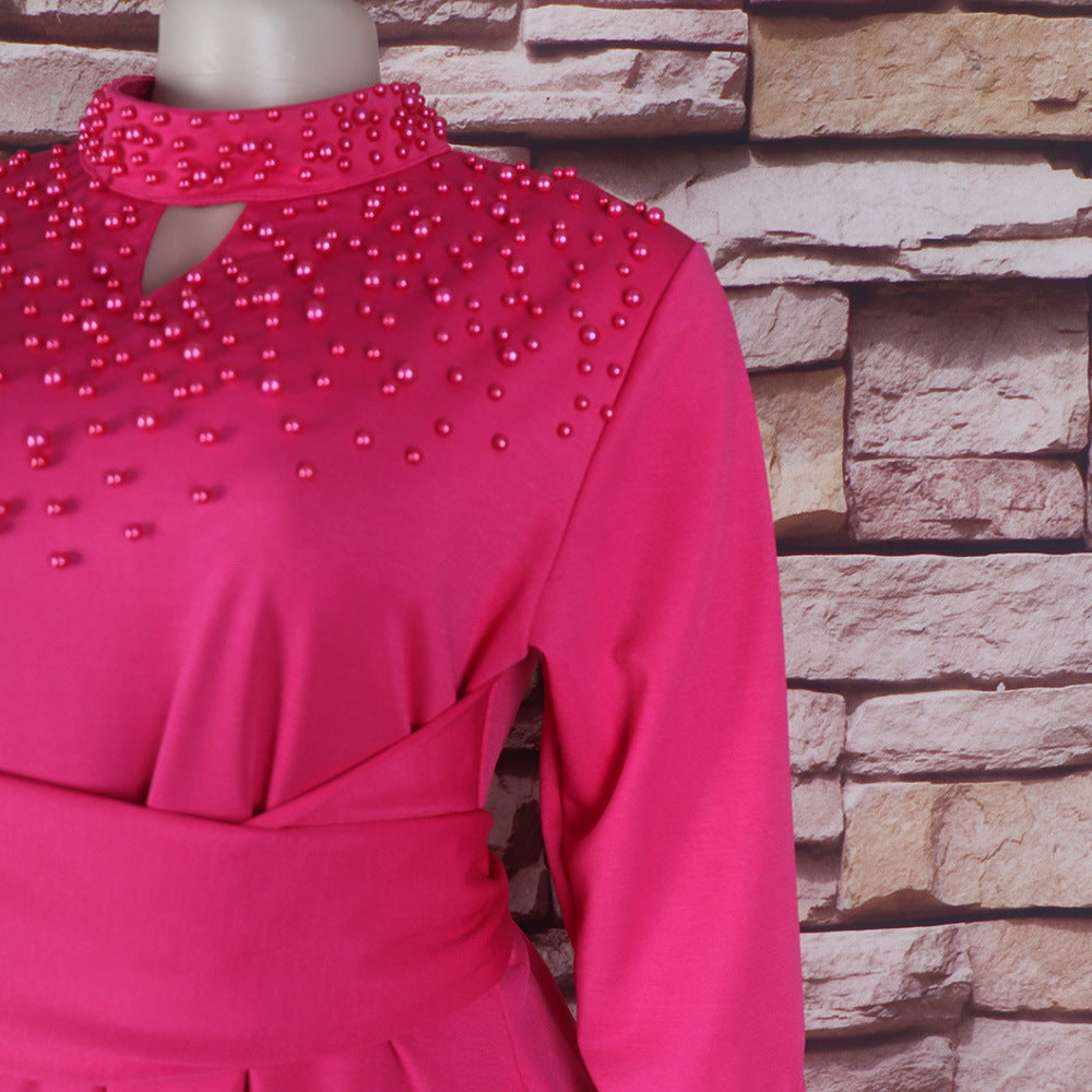 Women African Elegant Stand Collar Beaded Belt Pocket Dress 23