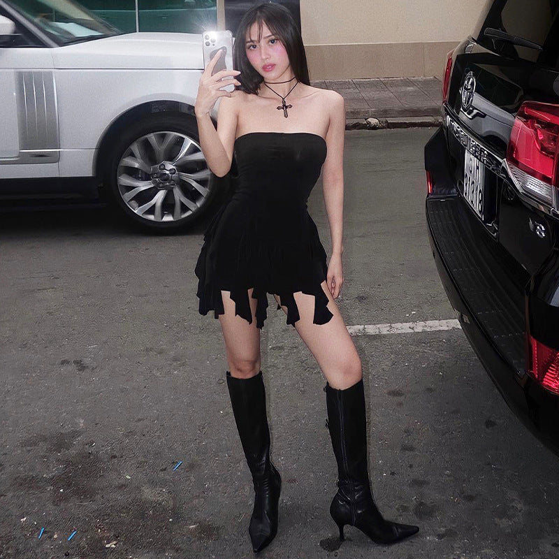 Ladies Spring Strapless Tight Fitting Lace Tassel Sexy Bodycon Dress