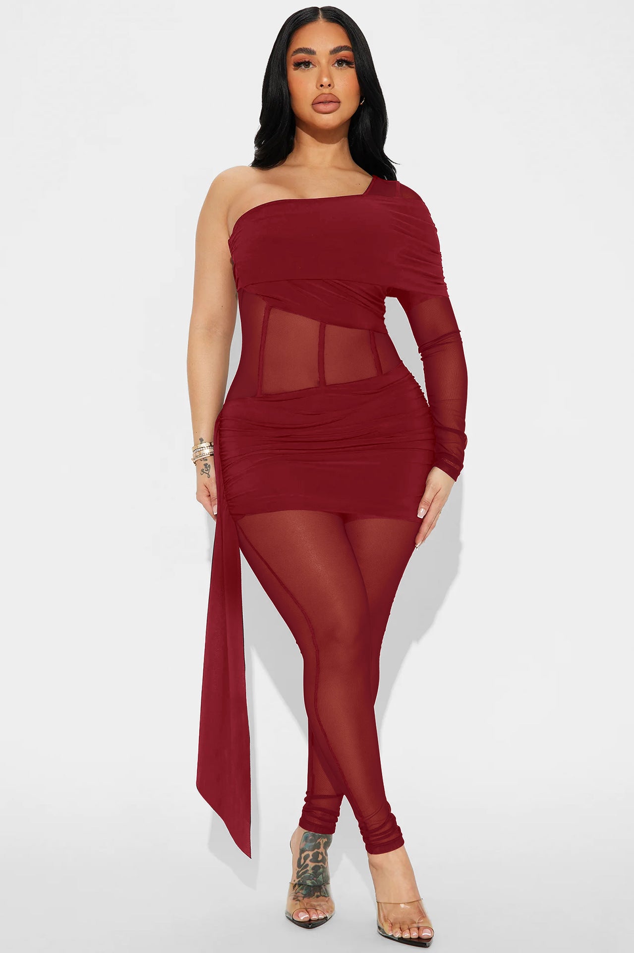 Fashion Slim Fit Sexy Solid Color Slim Waist One-Shoulder Long Sleeve Patchwork Jumpsuit 3