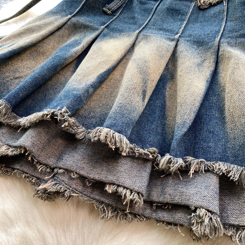 Women Vintage Pleated Bow Denim Skirt 9