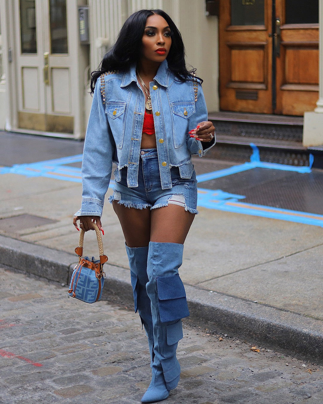 Women Drilled Shirt Collar Long Sleeve Denim Jacket 3