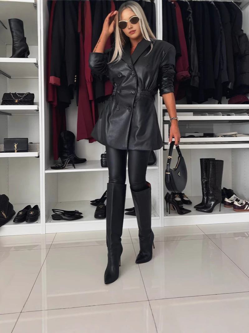 Autumn And Winter Long Sleeve Faux Leather Career Women Office Jacket 7