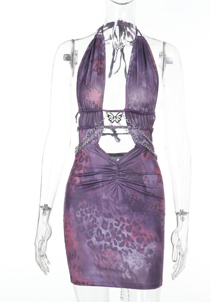 Animal Print Sexy Deep V Low Back Cutout Bodycon Dress