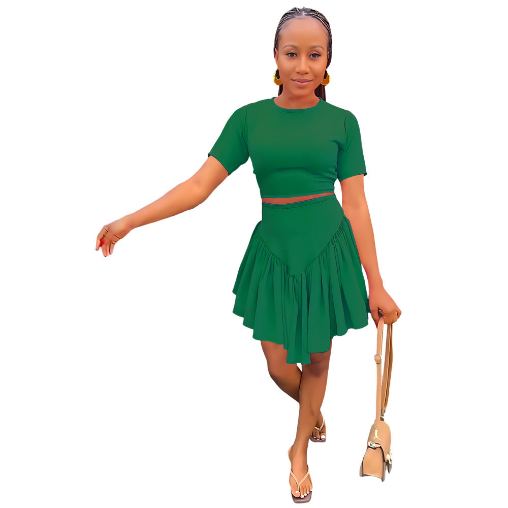 Tight Fitting Short T-shirt High Waist Casual Simple Irregular Skirt Two-piece Set 15