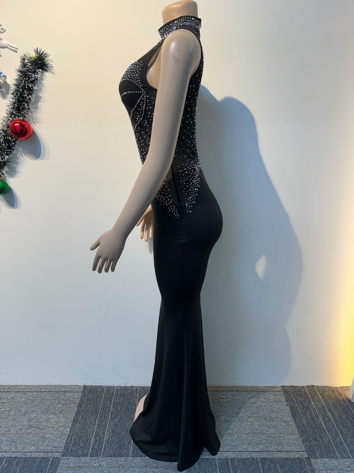 Women Sexy Beaded See-Through Patchwork Sleeveless Bodycon Dress 7