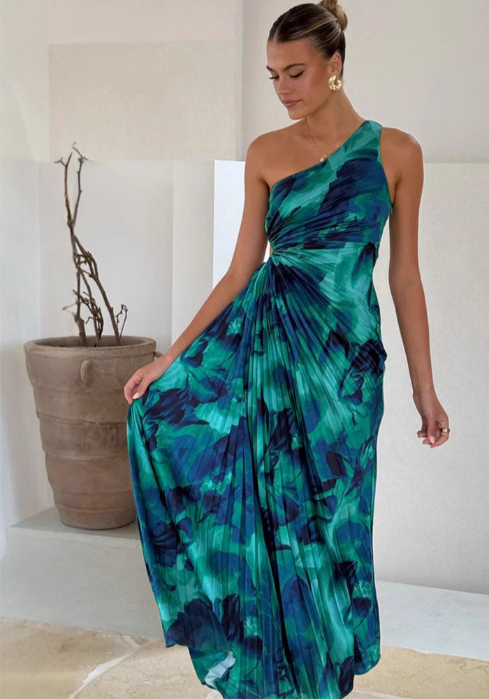 Women Sexy Slash Shoulder Sleeveless Halter Neck Printed Slit Dress