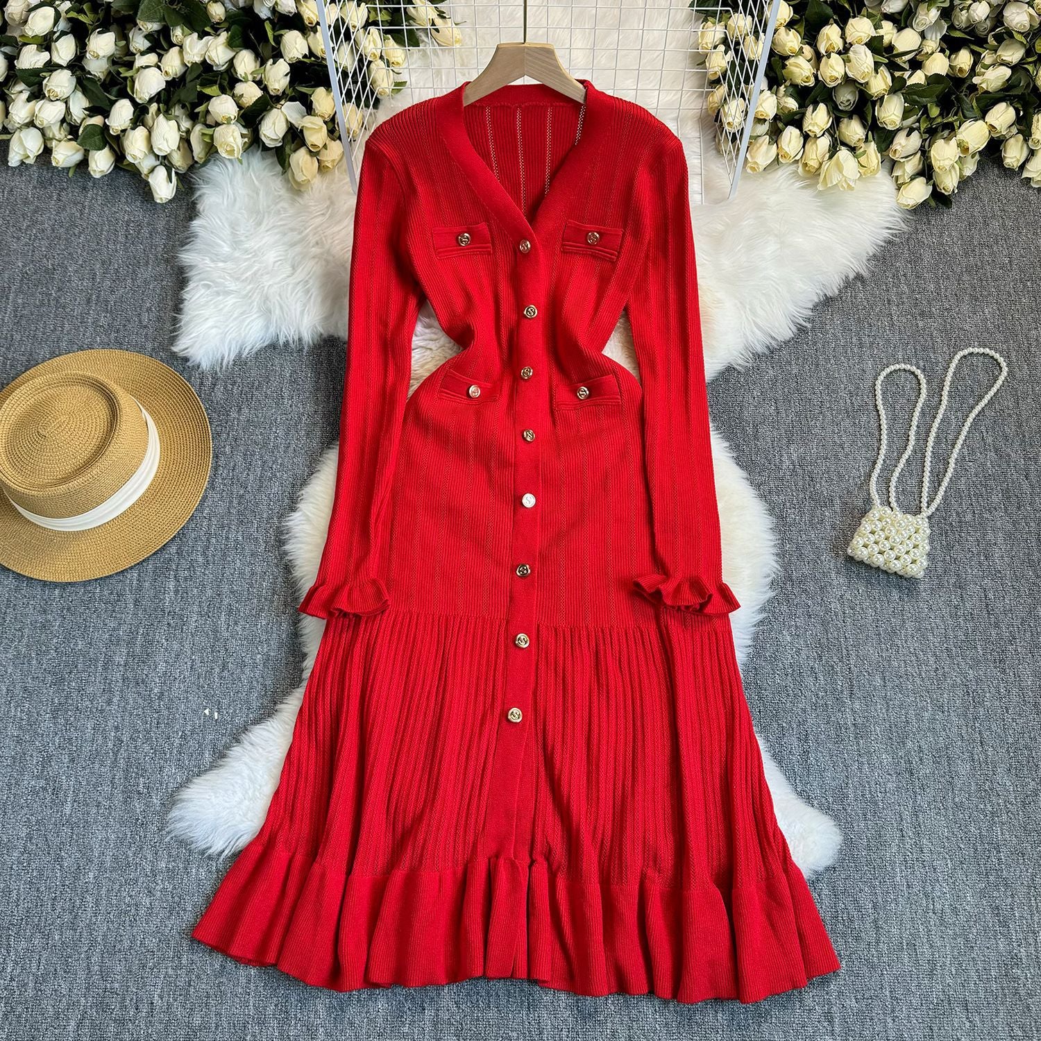 Women Fall/Winter Long-Sleeved V-Neck Ruffled Knitting Dress 16