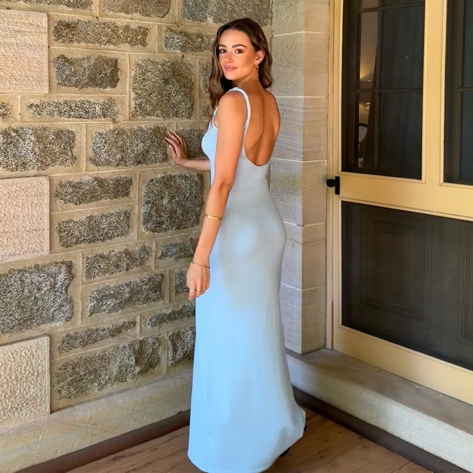 Women's Spring Solid Sexy V-Neck Low Back Bodycon Strap Dress 5