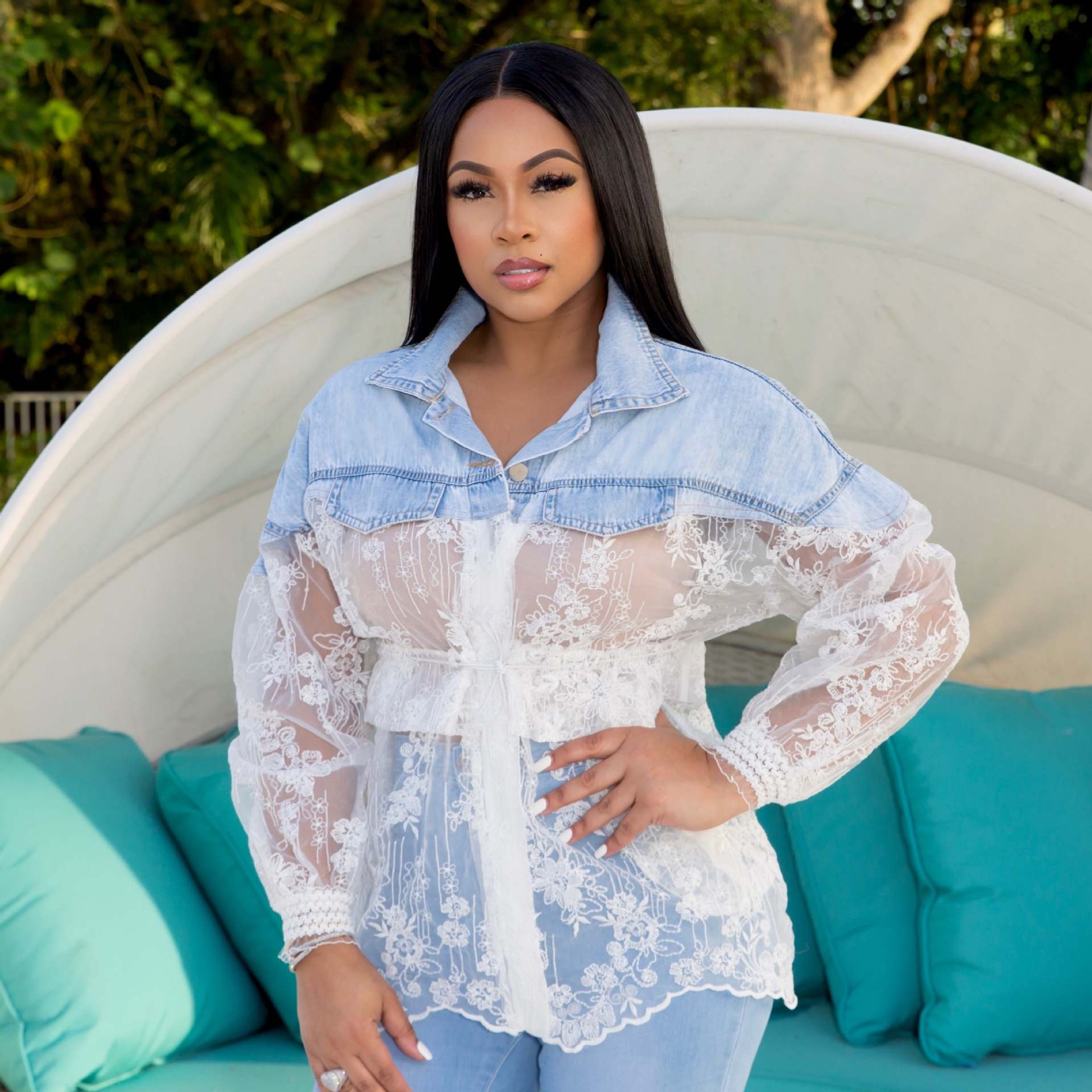 Sexy Ladies Denim Patchwork Embroidered Mesh See-Through Slim Waist Shirt 3