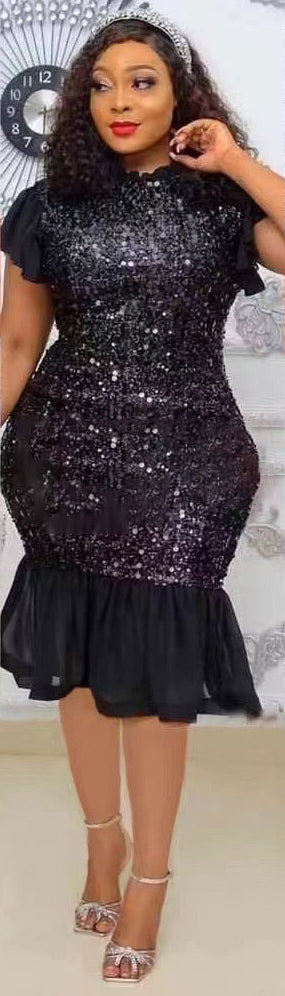 Women Soid Sequin Patchwork Sexy Bodycon Short Sleeve Dress