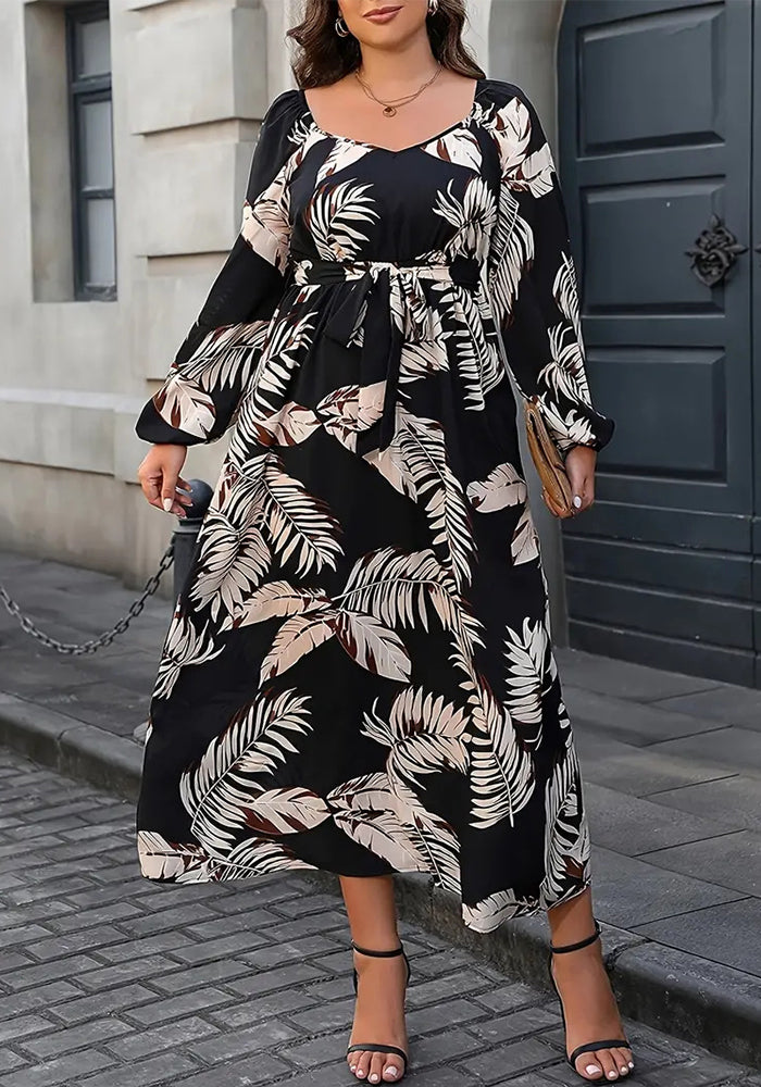 Leaf Print Lantern Sleeve Belt Waist Plus Size Women's Dress