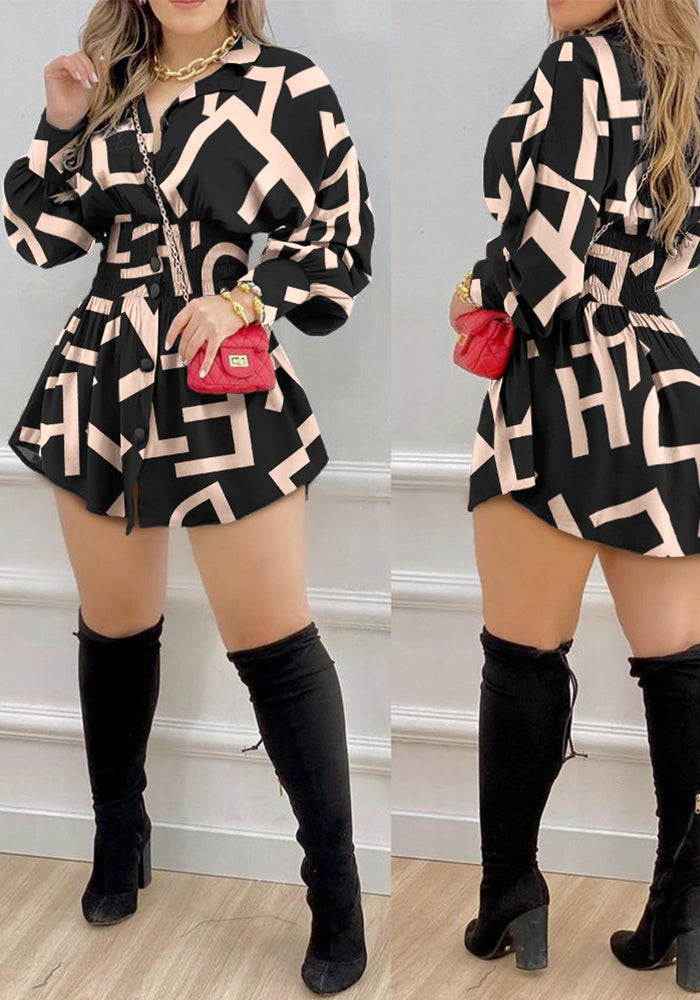 Women print pleated long-sleeved shirt