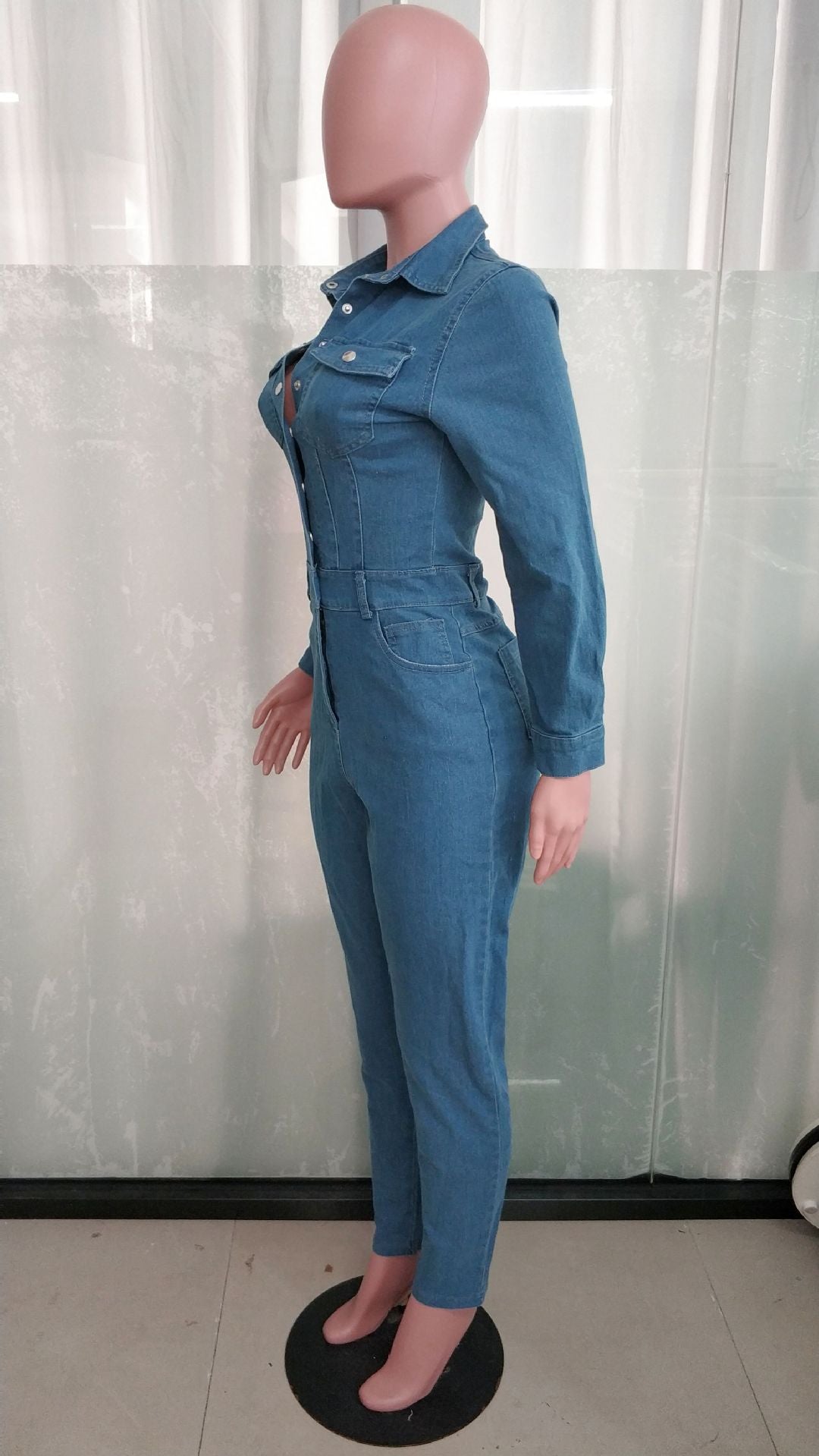 Slim Fit Long Sleeve Tiny Foot Washed Denim Jumpsuit 8