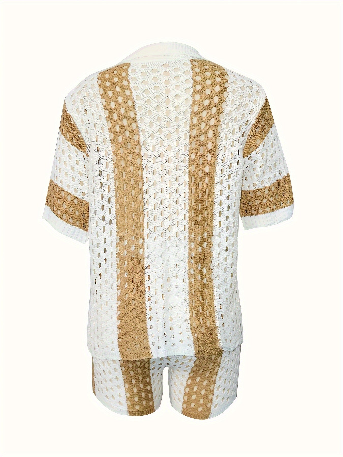 Sexy Ladies Hollow See-Through Turndown Collar Knitting Two Piece Shorts Set 10